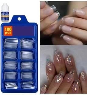 SDF FANCY ARTIFICAIL 100 PCS TRANSPARENT NAILS WITH GLUE