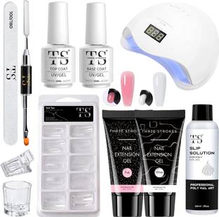 THR3E STROKES Nail Extension Kit White, Pink - Top & Base Coat & UV Lamp Dryer Nail Art Kit