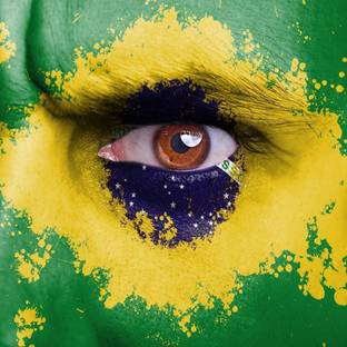 Pitaara Box Brazil Flag Painted On Angry Man Face Framed Wall Art Painting Print Canvas 24 inch x 24 inch Painting
