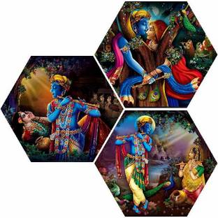 saf Set of 3 Hexagon Radha krishna UV Textured Painting Pack of 3