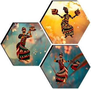 saf Set of 3 Hexagon Modern Art Dancing UV Textured Painting Pack of 3