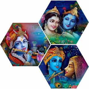 saf Set of 3 Hexagon Radha krishna UV Textured Painting Pack of 3