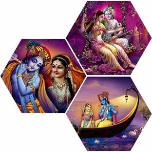 saf Set of 3 Hexagon Radha krishna UV Textured Painting Pack of 3