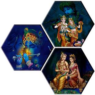 saf Set of 3 Hexagon Radha krishna UV Textured Painting Pack of 3