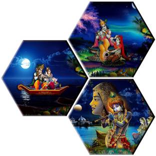 saf Set of 3 Hexagon Radha krishna UV Textured Painting Pack of 3