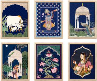 Artifly Set of 6 Framed Pichwai art Paintings for Living Room and wall decor pichwai02 Digital Reprint 13 inch x 10 inch Painting