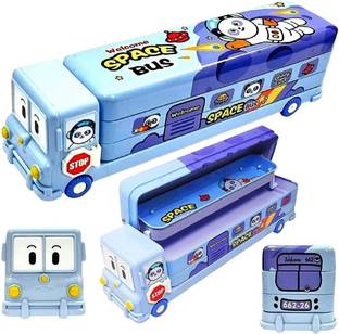 मीरा फार्मक्राफ्ट Bus Pencil Geometry Box Stationery Moving Tyres & Sharpener School RANDOM DESIGN बस ट्रक आर्ट Metal पेंसिल बॉक्स