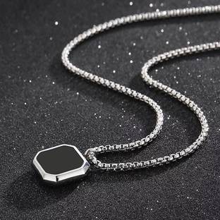 ROOTWAVE Stylish Funky Black Square Shape Punk Locket Necklace with Box Chain Silver Stainless Steel, Silver Pendant