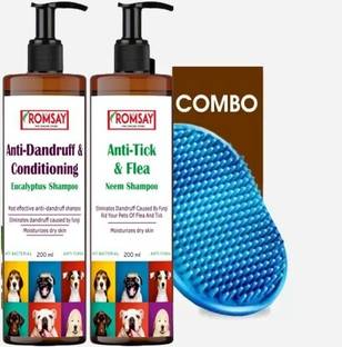 ROMSAY Anti-tick Shampoo 200 ml + Anti Dandruff & Conditioning 200 ml + Pet Brush Allergy Relief, Anti-dandruff, Anti-fungal, Anti-itching, Conditioning, Flea and Tick Eucalyptus Mint, Neem, Fresh Notes Dog Shampoo