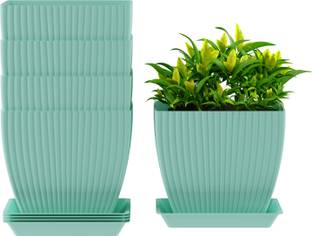 FORWAY 7 inch Square Flower Pots Outdoor Indoor, Planters with Drainage Hole and Tray Plant Container Set