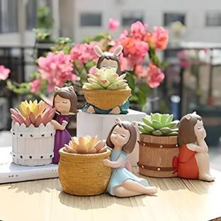 OCTIN Handcrafted 4 Cute Dreaming Girls with Basket Resin Succulent Planter Flower Pot Plant Container Set