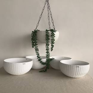 DAZZLE AGRI DAZZLE AGRI 7" Attractive woven design beautiful round hanging flower plastic pots with heavy metal chain pots combo high quality designer pots rattan hanging basket euro hanging basket pots & planters indoor pots interior design decoration pots outdoor pots landscape design lawn development gardening hanging flower pots beautiful round nursery gamla flower hanging pot for gardening pots for home garden balcony hanging pots porch pots and planters kitchen gardening terrace garden pots office decor table top pots desk decor plant container set white color plastic pots (pack of 5) Plant Container Set