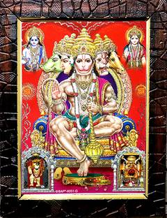 Panchmukhi Hanuman Ji Sitting On Thron With SiyaRam Mahndipur And Salasar Balaji Pic Acrylic frame |Silver Glitter Print | Picture For Positive Entergy Prosperity and Fame Paper Print