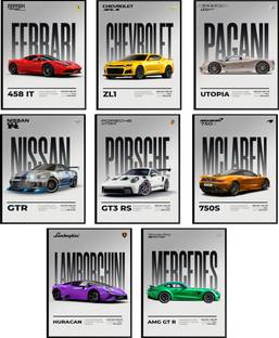 Car Posters Set of 8 A4 Size - Car posters for wall Boys room - Super car poster - Porsche poster, BMW poster - Car wallpaper - Gifting ideas for men boys - Cars gift - Car Wall Art - Car stickers for wall Photographic Paper