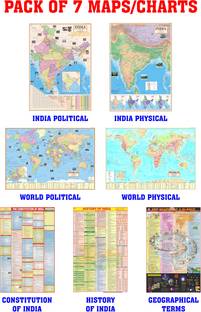 (Pack of 7) - English Language - India & World Map - Both Political & Physical with Constitution of India Chart, History of India Chart & Geography Terms Chart | Set Of 7 In English Language | Useful for UPSC and other exams Paper Print