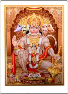 Panchmukhi Hanuman Ji UV Golden Glitter Poster | Orange Background Devotional Wall Art | Frameable Religious Poster for Home, Temple & Office Decor Paper Print