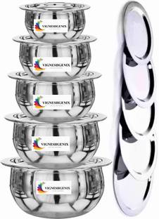 VIGSHRISE Stainless Steel Serving Bowl Handi Set Mirror Finish Biryani/Seving/Cooking/Bowl Handi 5 pic set