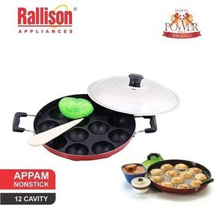 Rallison Appliances Single Handle Non-Stick 12 Cavity Appam Pan, Paddu Patra Paniyarakkal Maker Paniarakkal with Lid 0.1 L capacity 24 cm diameter