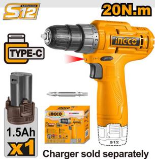 INGCO 12V Cordless 20-NM Lithium-Ion Drill 1.5Ah Battery Type-C 20-NM Cordless Cordless Drill