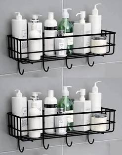 kridha Stainless Iron Coating Self-Adhesive Metal Rack Storage Shelf with 4 Hook Stainless Steel, Iron Wall Shelf