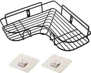 CRAZYGOL Self-Adhesive Metal Corner Bathroom Shelf – Black Storage Iron Wall Shelf