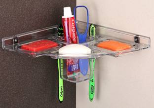 iSTAR Clear Transparent Soap Dish with Tooth Brush Holder Corner (PACK OF 1) Plastic Wall Shelf
