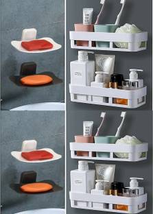 Qrex Bathroom Shelf Storage Rack And Curve Soap Stand With Sticker Plastic Bathroom Set