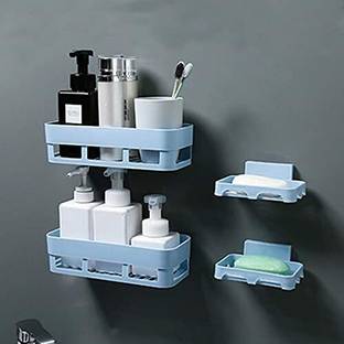 Qrex PacK Of 4 Pcs Bathroom Toothpaste Stand with Toothbrush Holder Abs Plastic Toothpaste Holder Dust-Proof Wall Mounted with Cover Bathroom Storage Stand & Toothbrush Holder with Sampoo Botal Holder & soap stand for Home in Bath Accessories with Strong Adhesive Magic Sticker (2 Bathroom shelves + 2 soap stand ,MultiColour, Wall Mount) Plastic Toothbrush Holder