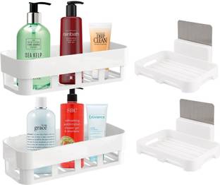 Qrex Pack Of 4 ABS Plastic Multiperurpose Home Kitchen Bathroom Accessories Traceless Self Adhesive Wall Mounted Bathroom Shelves And Soap Dish Holder Stick for Shampoo; Conditioner Shower Caddy Rack Shelf with Strong Adhesive Magic Sticker (2 Bathroom Shelves + 2 Soap Dish Holder,WhiteColour)