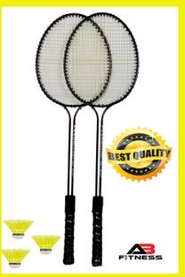 AB FITNESS Double Shaft Badminton Racket Set of 2 Piece with 3 Piece Nylon Shuttles Black Strung Badminton Racquet