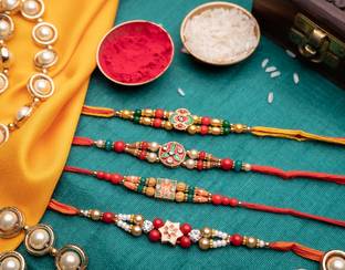 Home Delight Designer 4 Rakhi set 7 Mauli Thread Rakhi  Set