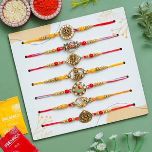 Dreamica Designer Rakhi-56 Assorted Rakhi, Chawal Roli Pack, Greeting Card  Set