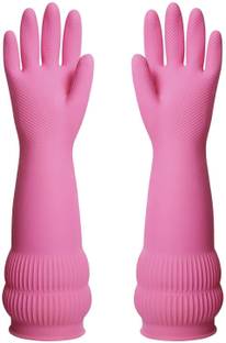 Seebuy Pink Safety Protective Protection Hand Care Long Sleev Full Size Gloves For Women Men Girls Special Colour Natural Rubber Latex, Rubber  Safety Gloves