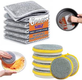 SIBZ 6 PCS Wire Dishwashing Rag Dish Cloth & 6 PCS Double Sided Dish Scrubber Sponge Scrub Pad