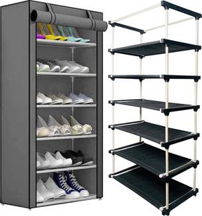 girja 6-Tiers Multipurpose Heavy Plastic Folding Shoe Rack with Wardrobe Cover {Grey} Plastic Shoe Rack