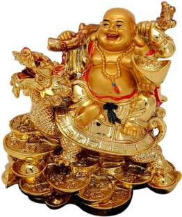 Feng Shui Art Vastu / Laughing Buddha Sitting on Dragon Tortoise For Happiness, Wealth & Good luck Decorative Showpiece  -  11 cm