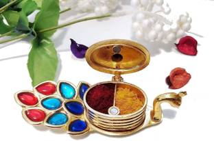 sanskaari Roli Chandan Peacock Kumkum Box, Haldi Kumkum Holder, Plate, Design Kumkum Box Decorative Showpiece  -  4 cm