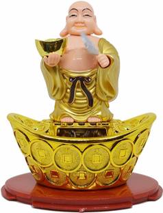 SK Craft PNOTED Solar Laughing Buddha On Ingot & Waving Fan Moving Head & Fan Decorative Showpiece  -  15 cm