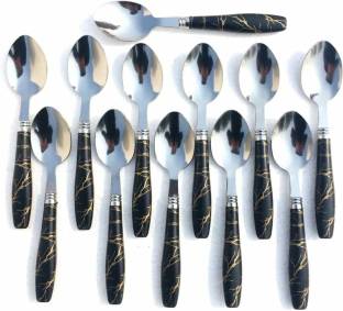 krishnaa enterprises Spoons Set Dining table Premium Black Marble Ceramic Design Dinner Spoon Stainless Steel Table Spoon Set