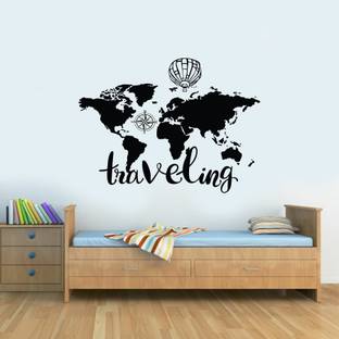 Azan Creation 76.2 cm Traveling world Map Wall Sticker for Bedroom Size - 76X55 CM Self Adhesive Sticker