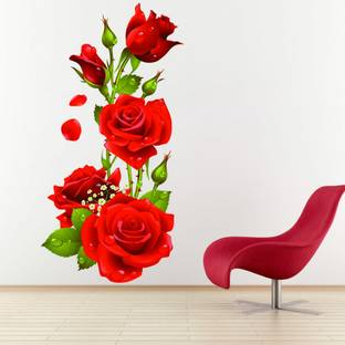 Azan Creation 40.64 cm Red rose Wall Sticker for Bedroom Size - 40X76CM Self Adhesive Sticker
