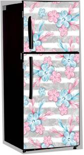 Decor studio 60 cm abstract sky blue pink flowers with white line background decorative wallpaper poster extra large fridge sticker (pvc vinyl covering area 61cm X 160cm ) Reusable Sticker