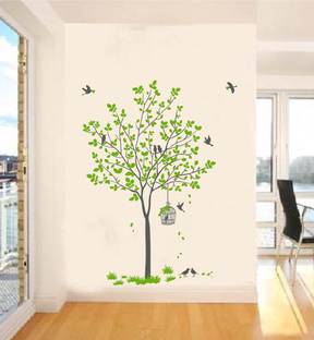 Decal O Decal 120 cm Wall Green Tree With Birds Cage And Nest '(PVC Vinyl,Multicolour) Self Adhesive Sticker