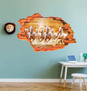 Azan Creation 58.42 cm Running Horses 3D Wall Sticker for Bedroom Size - 58X40 CM Self Adhesive Sticker