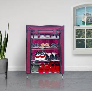 SANAMSTORE Metal Collapsible Shoe Stand (Maroon , 4Shelves, Metal Collapsible Shoe Stand