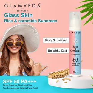 GLAMVEDA Sunscreen - SPF 50 PA+++ Rice & Ceramide Korean Glass Skin Dewy Sunscreen SPF 50, No White Cast ,Dry Skin