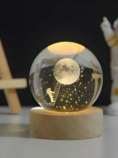 SHOPOGENIX 3D Crystal Ball Lamp | Night Light with Wooden Base | Moon Landing Style Table Lamp