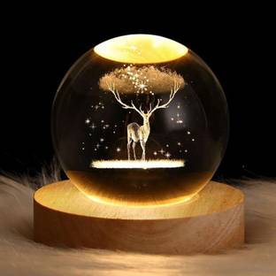 BIYALI 3D Deer Crystal Ball Night Lights LED Light Desk Decor Night Lamp (6 cm) Night Lamp