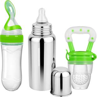 THE LITTLE BUNNY HOP IN STYLE Pack Of 3 Baby 250ml Stainless Steel Bottle | Spoon Feeder | Fruit Feeder