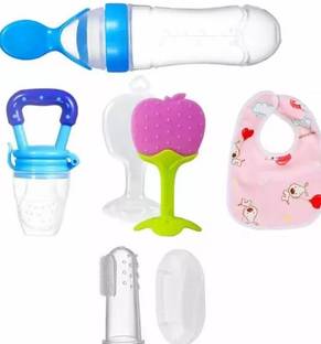 BadiMaa Fruit Feeder Pacifier Baby Food Dispensing Spoon Fruit Teether Finger brush,bib  - Silicone